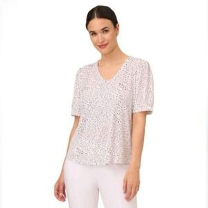 Adrianna Papell Puff Short Sleeve V-Neck Dot Print Top